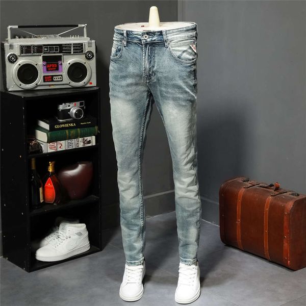 

autumn and winter new jeans men's nostalgic fashion brand slim feet light color washed white elastic casual pantswinter, Blue