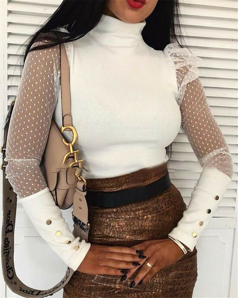 

new 2021 spring brain women clothing high throat long mesh mouwen ldies mode t-shirt, White