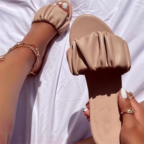 

women flat slippers ladies slip on pu leather beach shoes woman summer casual pleated slipper female fashion footwear 210310, Black