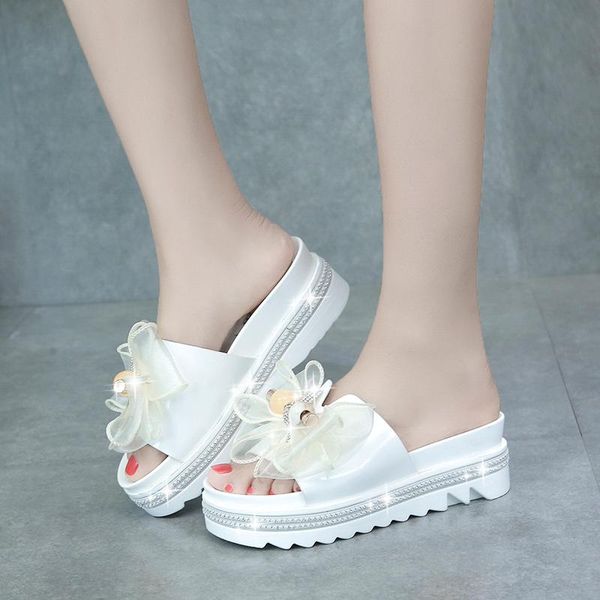 

slippers women sweet lace bow-knot summer ladies platform comfort flat heels shoes woman crystal beach slides 2021, Black