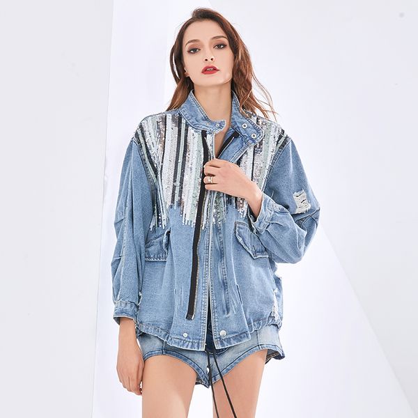 

patchwork sequin jackets for women lapel long sleeve oversized streetwear denim blue coats female 2020 fashion tide, Black;brown