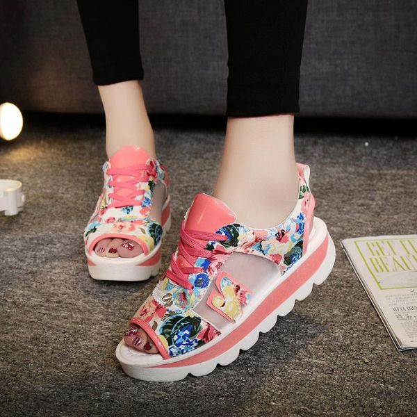 

sandals women platform 2021 summer open toe wedge thick bottom casual shoes lace up breathable mesh mujer zapatos, Black