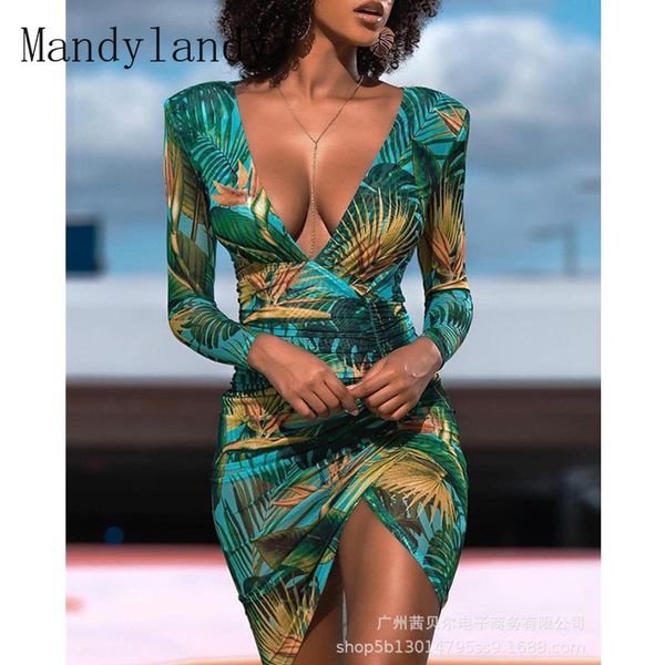 

casual dresses mandylandy women's dress lady fashion leaf print v neck long sleeve high waist corset slim fit bodycon, Black;gray