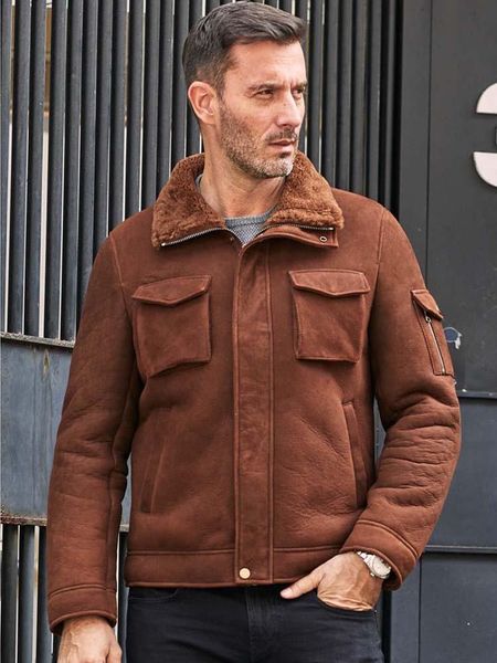 

men's leather & faux mens shearling coat natural sheepskin short fur overcoat brown jacket winter outwear, Black