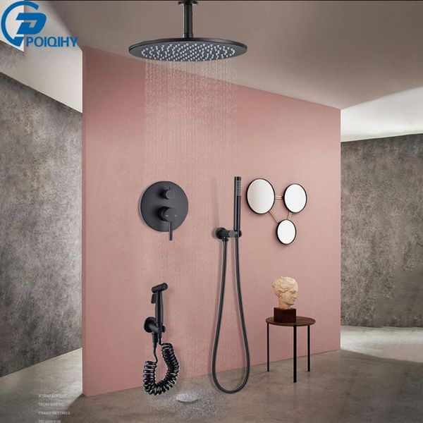 

poiqihy matte black shower mixers wall/ceiling mounted bathroom shower faucet set brass bidet spray concealed bath system
