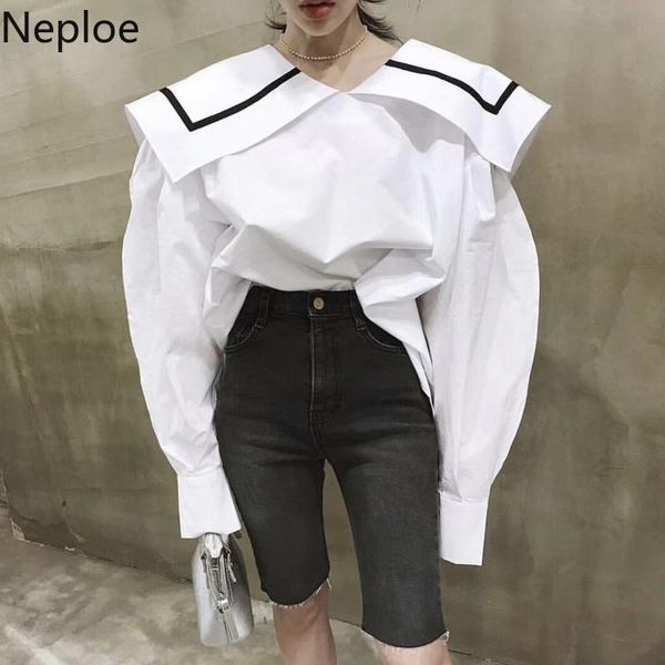 

women's blouses & shirts neploe korean sailor collar long sleeve blouse patchwork conrast color white loose blusas autumn spring 2021 w