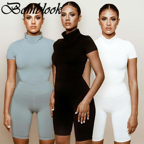 

women's tracksuits bomblook sport leisure fitness suit summer 2021 solid short sleeve bodysuit slim stretch shorts sets femme streetwea, Gray