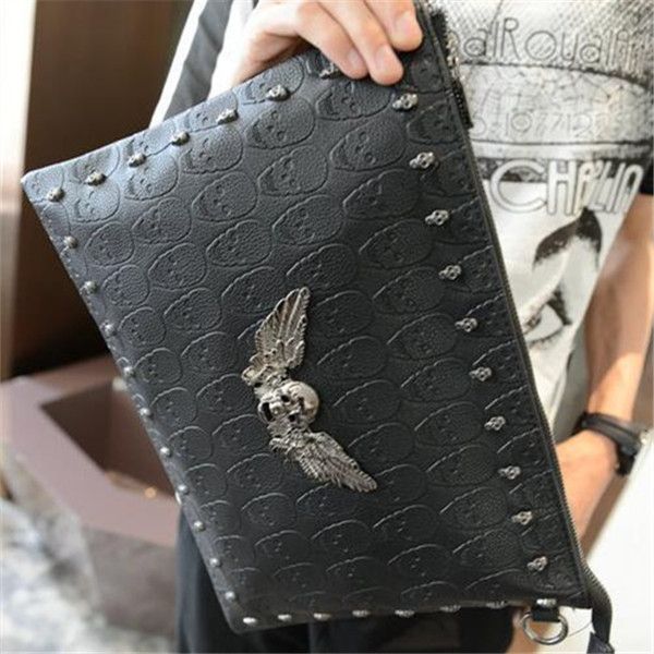 

Factory sales men bag Punk Skull Head leather handbag menss sportswear mens shoulder handbags rivet large capacity 1158, Black