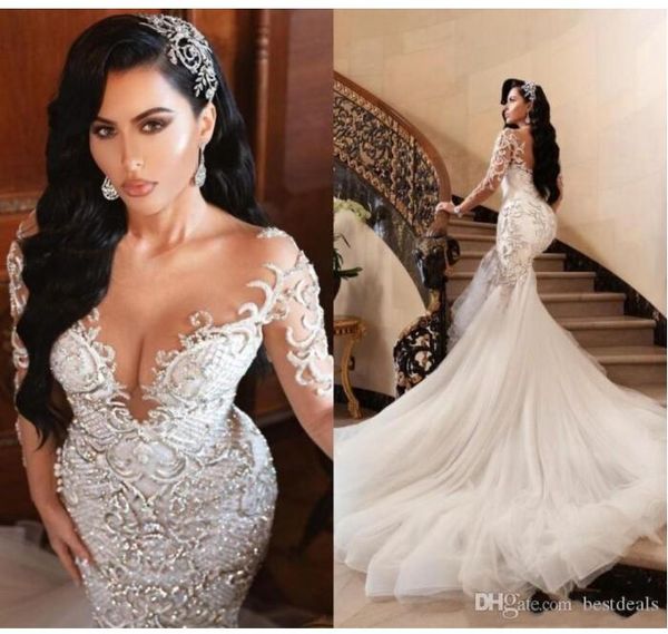 2022 luxuoso árabe sereia vestidos de casamento dubai cristais brilhantes mangas compridas vestidos de noiva tribunal trem tule saia robes de ma230i