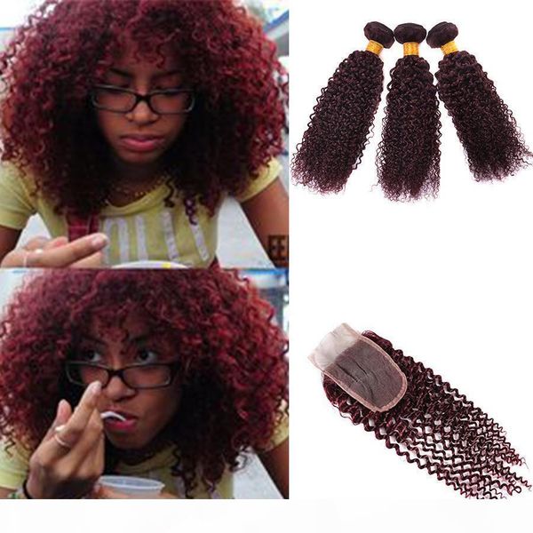 

new arrive peruvian virgin hair kinky curly burgundy hair weave 3 bundle with closure curly wave 99j# burgundy human hair with lace closure, Black;brown