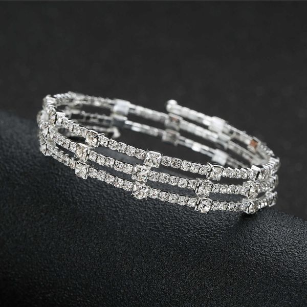 

three rows rhinestone inlaid bracelet double layers open cuff adjustable stretch bracelet for friends sisters fs99 q0719, Black
