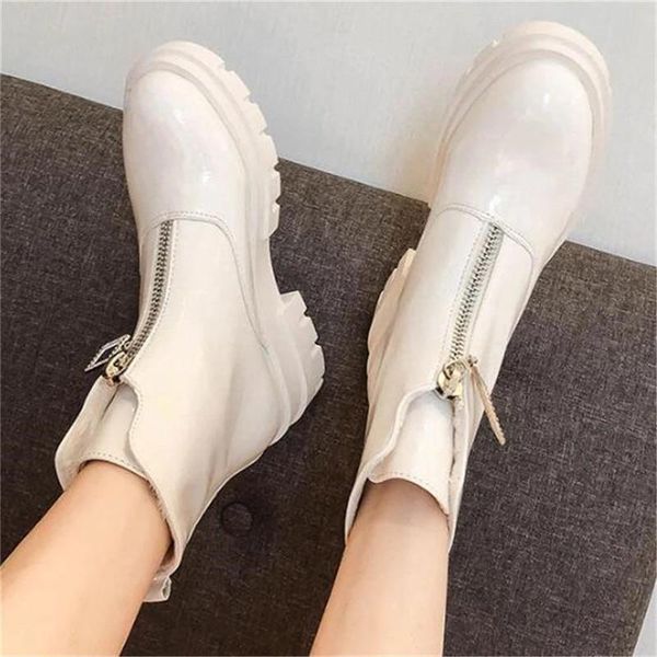 

boots fashion leather women winter plus velvet woman shoe female breathable ankle bootie front zipper beige black botas
