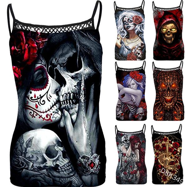 

2021 new gothic halloween skull print halter vest large slim swimsuit female, Gray;blue