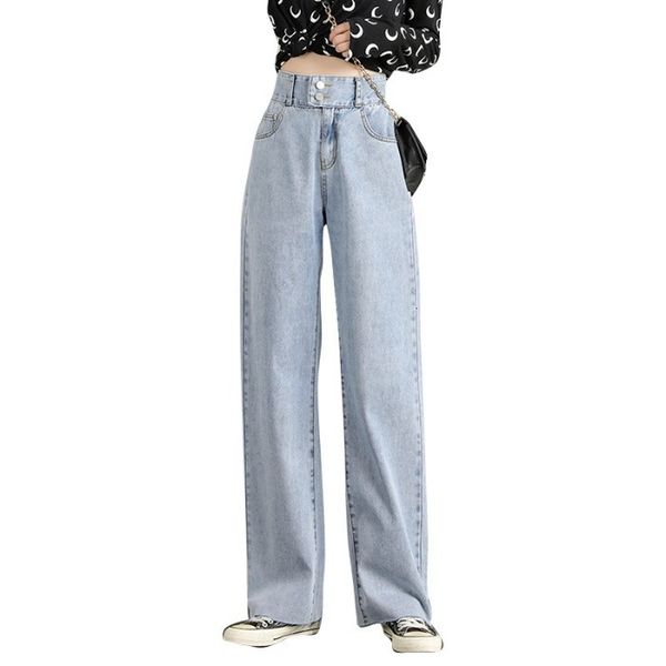 

2021 new cotton waist jeans, double button pants, korean fashion, high waist, wide leg, denim, mop, spring z04k, Blue
