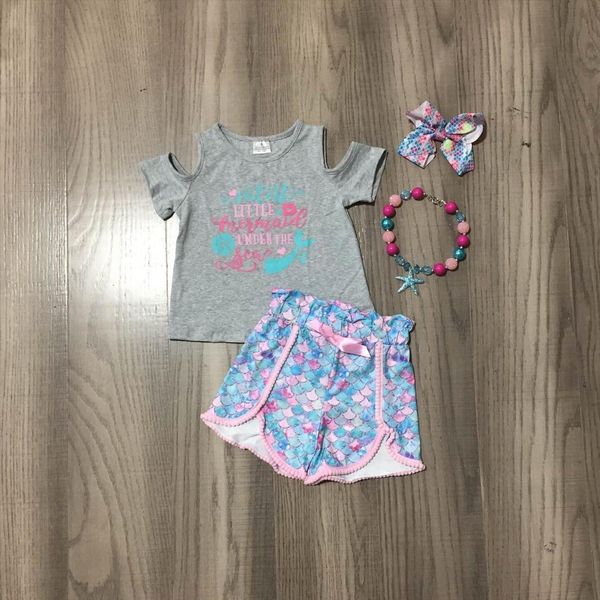

summer baby girls grey mermaid shirt blue pink shorts outfit with bow and necklace, White