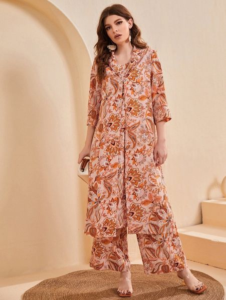 

floral and paisley print coat & & wide leg pants d1t3#, White