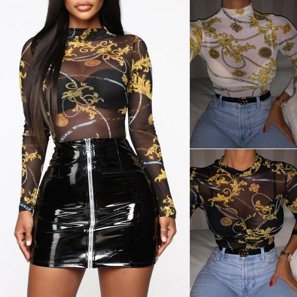 

women's blouses & shirts women ladies perspective floral high neck autumn winter casual printing shirt ultra-thin hollow blouse, White
