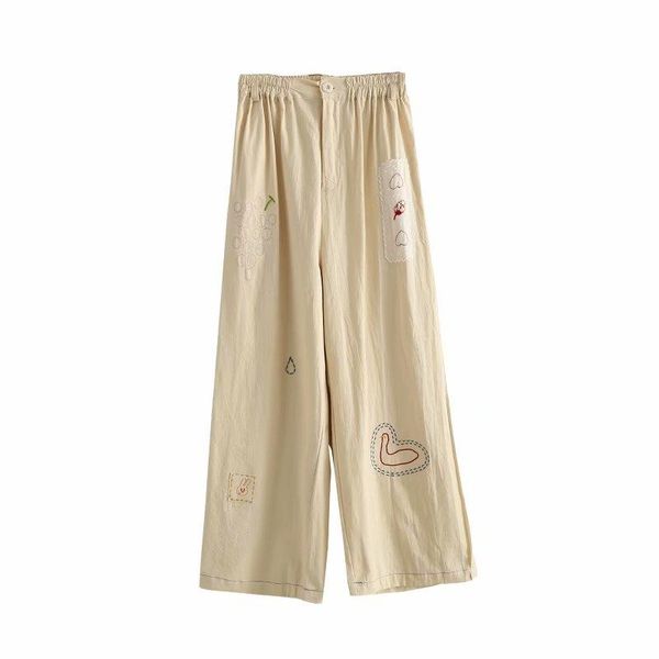 

women's pants & capris women cartoon embroidery cotton khaki summer elastic waist pocket straight clothes 2021 trousers, Black;white