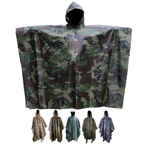 Ao Ar Livre Militray Tactical Rain Poncho Impermeável Camuflagem Rain Rain Coat Camo Sol Shelter Ground Folha Tarp para Acampamento Barraca Azul Y0706
