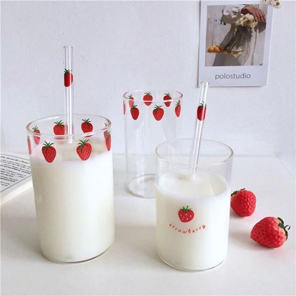 

wine glasses 300ml glass water cup with straw ins korea home transparent drinkware milk strawberry fashion bottle