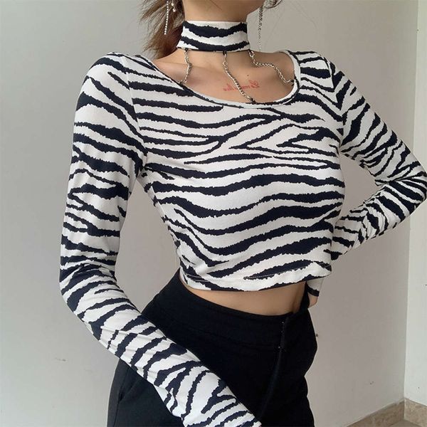

t-shirt 2021 animal long pattern sve chain neck slim and navel revealing female, White