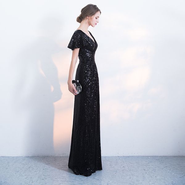 

Long Formal Black Color Evevning Dresses Short Sleeves Vestido Elegant Women Party Robe de soiree Gown evening, Picture champagne