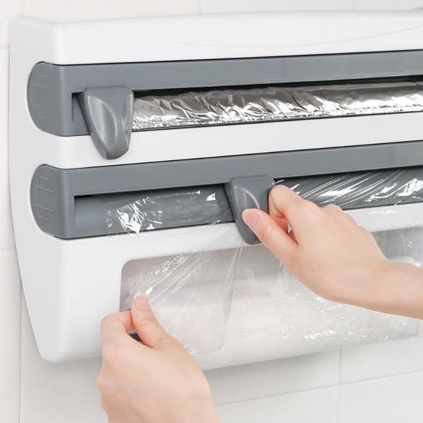 

hooks & rails 2021 wall-mount paper towel holder sauce bottle rack 4 in 1 cling film cutting mutifunction kitchen organizer