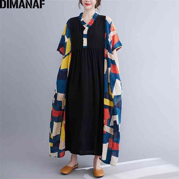 

plus size summer dress vintage women vestidos sundress beach print black spliced long loose oversize 4xl 5xl 210531, Black;gray