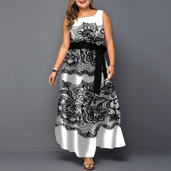 

plus size dresses elegant print christmas evening party dress 2021 autumn ladies sleeveless o-neck casual maxi 3xl, Black