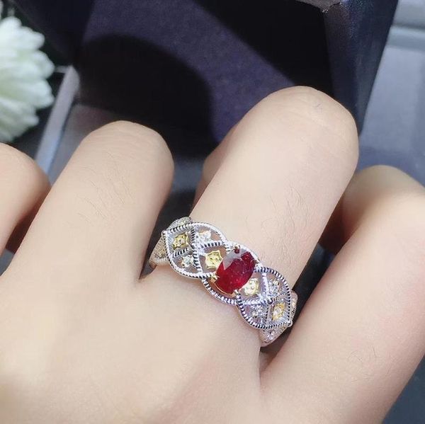

cluster rings resizable charming natural ruby ring woman 925 sterling silver oval gem golden color girl birthday gift year, Golden;silver