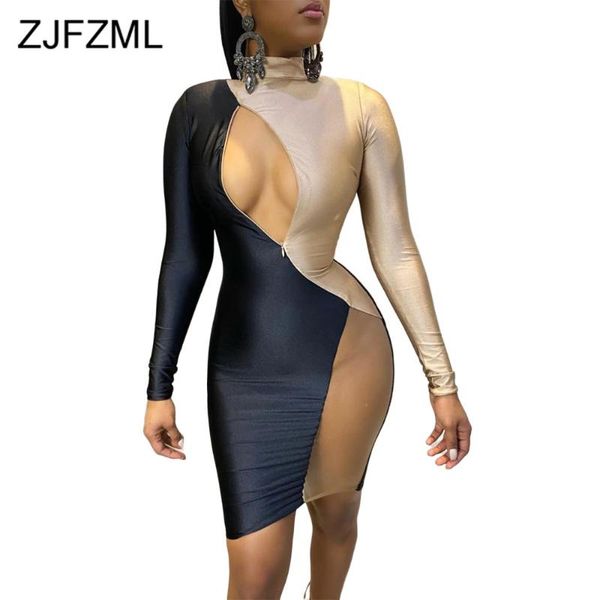 

casual dresses color block mesh spliced night club party women skinny fake zippers turtleneck dress full sleeve panelled bandage, Black;gray