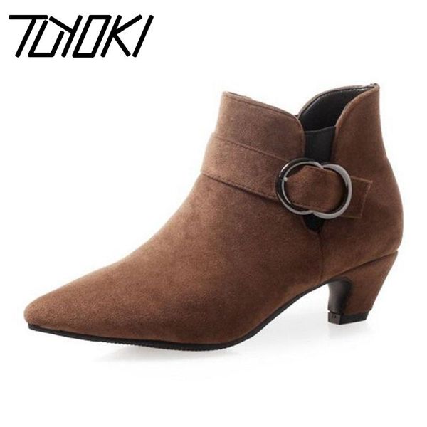 

boots tuyoki pointed toe women ankle buckle low heels daily woman shoes autumn winter ladies footwear plus size 32-43, Black