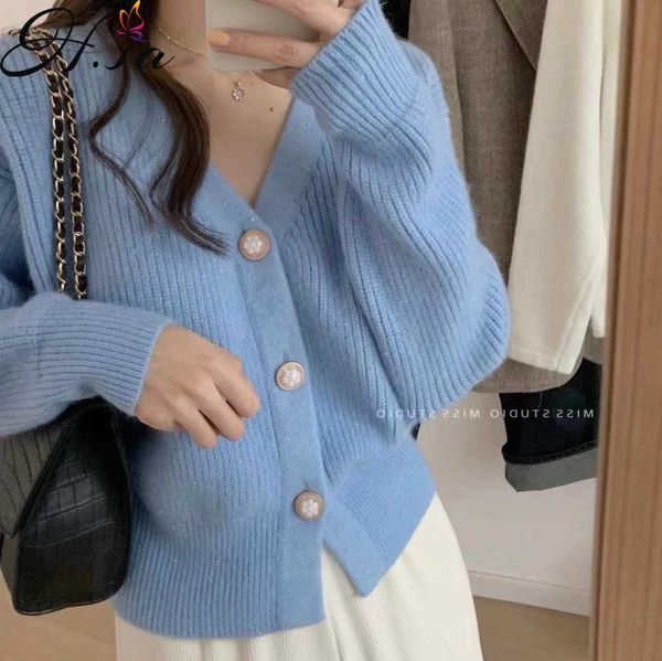 

hsa women blue pearl cardigans v-neck sweater coat thick knitted cardigan for women fall women clothing cute knit coat 210716, White;black