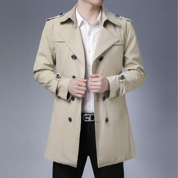 

men's trench coats brand spring autumn men long lapel double-breasted trenchs male fashion outwear jackets windbreaker, Tan;black