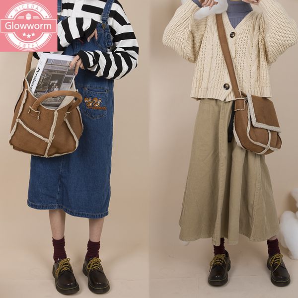 

winter women suede shoulder bag plush canvas handbag tote students simple messenger bag canvas crossbody bags purse for girls c0225