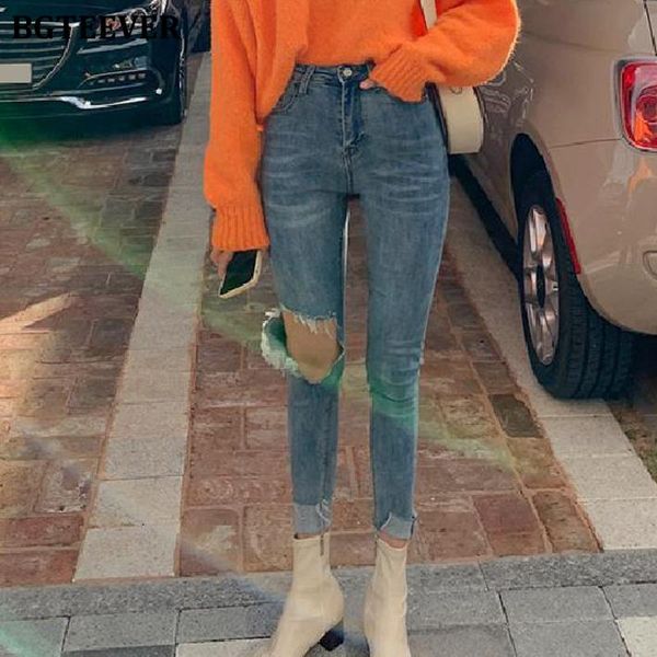 

women's jeans streetwear high waist women ripped holes female skinny pants stretched vintage denim pencil, Blue