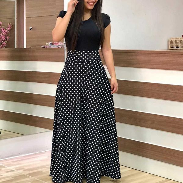 

polka dot crew neck maxi printed patchwork short sleeve fabala casual y1006, Black;gray