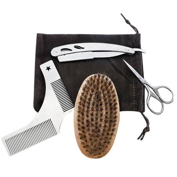 

hair scissors 4pcs beard trimming set stainless steel razor mustache comb and brush grooming kit (with cloth bag)