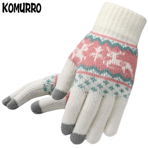 

five fingers gloves winter women knitted christmas deer fashion full finger mittens female soft pattern touch screen knit, Blue;gray