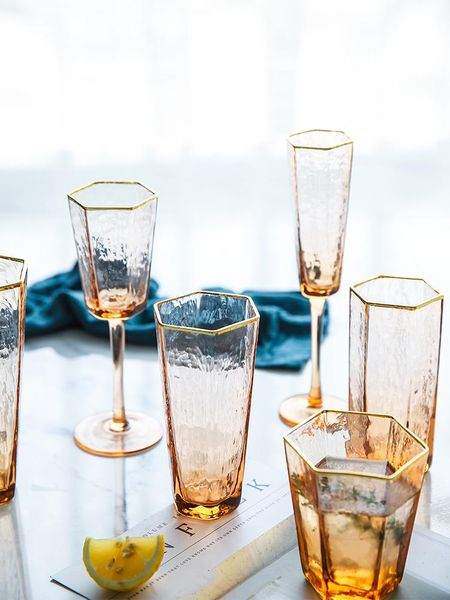 

2 pcs hexagonal hammer pattern champagne wine glass water cup amber crystal glass champagne brandy whiskey cup goblet