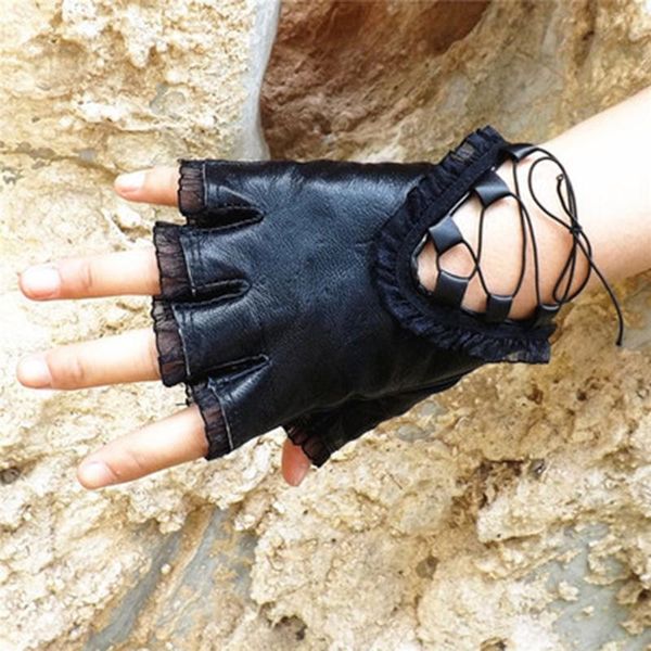 

five fingers gloves women glove casual dance show driving fashion ladies mittens black lace pu leather half finger, Blue;gray