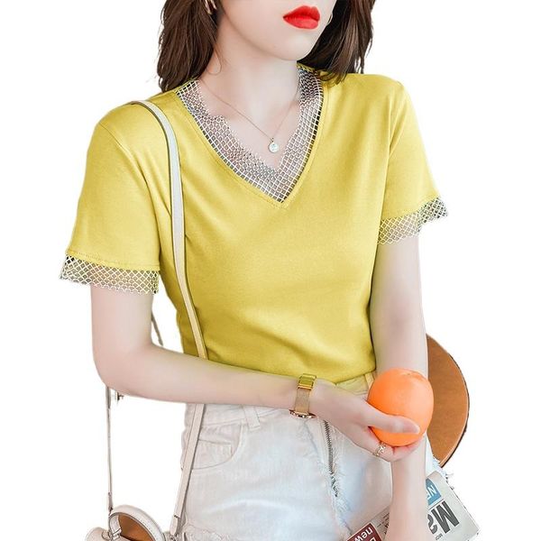 

women's t-shirt v-neck fashion knitted short-sleeved women 2021 summer korean clothing casual top, White