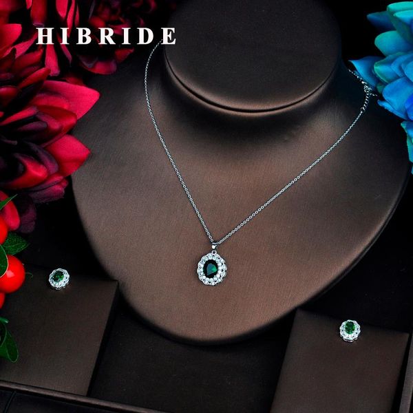 

earrings & necklace hibride luxury green oval flower cubic zircon pendant jewelry sets earings set girl gift full n-549, Silver