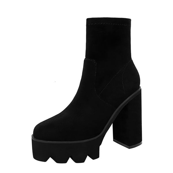 

dress shoes autumn winter platform wedge women motorcycle boots thick heeled faux suede ankle boots high heels warm short shoes 9l, Black