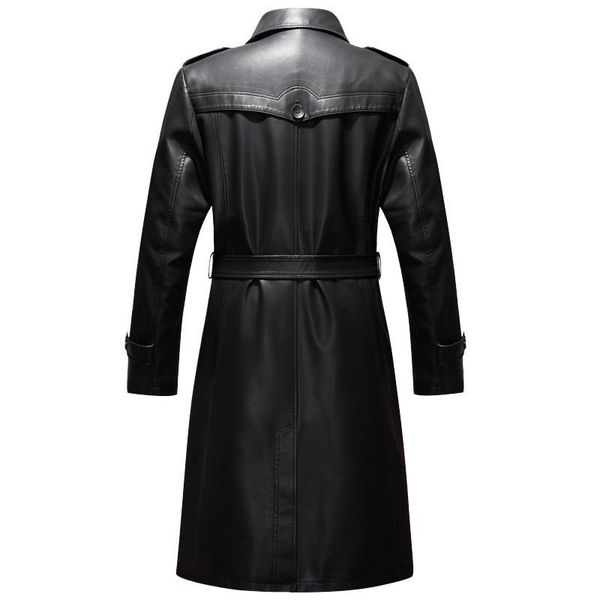 

men's fur & faux brand winter spring long jackets slim trench mens single breasted leather coats for man autumn fleece lining, Black