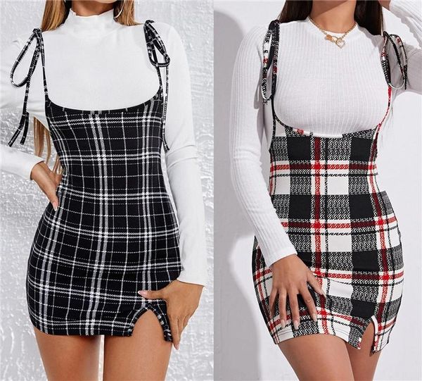 

casual dresses women dress hip strap plaid print adjustable thin shoulder high waist multi-season clothing lace-up split, Black;gray