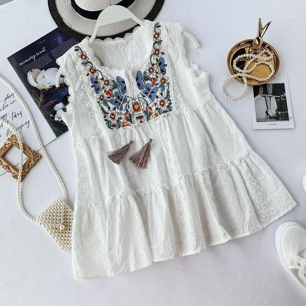 

white lace flower embroidery cotton women's blouses tunic sleeveless o-neck female 2021 summer fashion ladies blouse & shirts