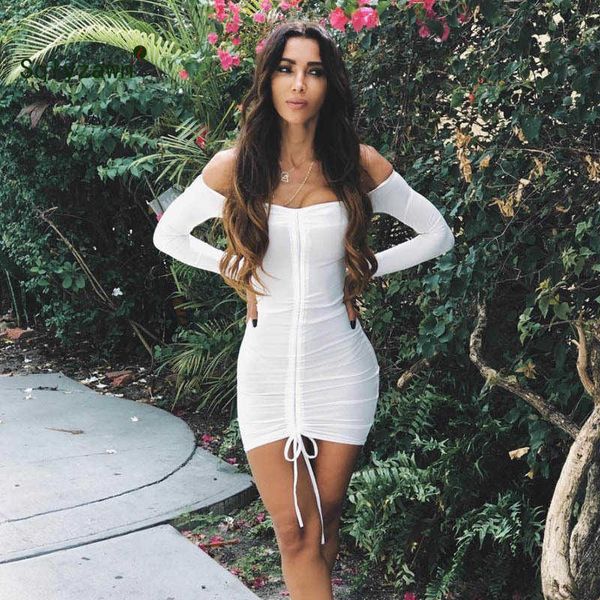 

front drawstring bandage dresses women white slash neck long sleeve club party pleated dress autumn off shoulder mini dress 210709, Black;gray