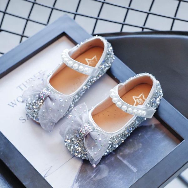 

flat shoes princess fashion bow beaded leather shoe elegant baby dress glitter girl party autumn children' school kid 2-10 years, Black;grey