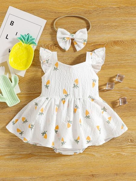 Baby Strawberry Print Ruffle Trim Combo Body Dress Fascia per capelli SHE